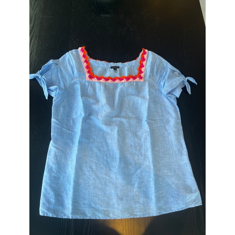 Talbots Womens Blue Linen Crochet Trim Square Neck Tie Sleeve Blouse Size L